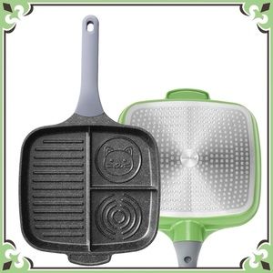 Sectional Skillet Divided Breakfast Grill Stove Top Pan Non-Stick Cat Head Face